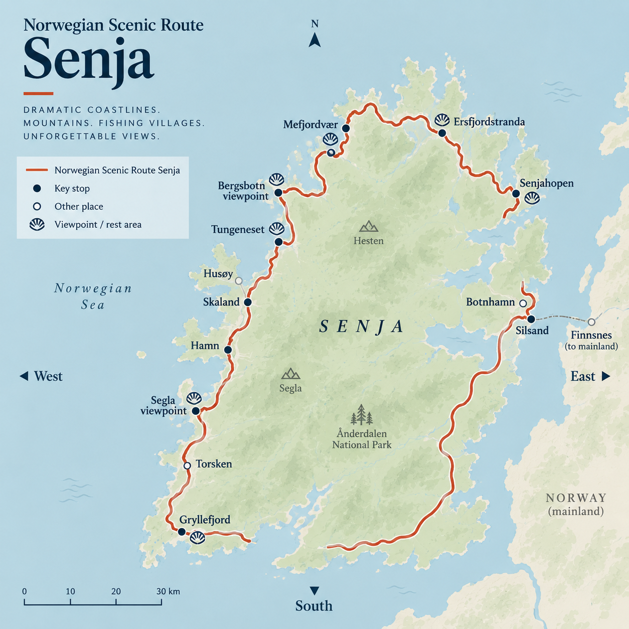 A picture of a map of the scenic route in Senja, Norway.