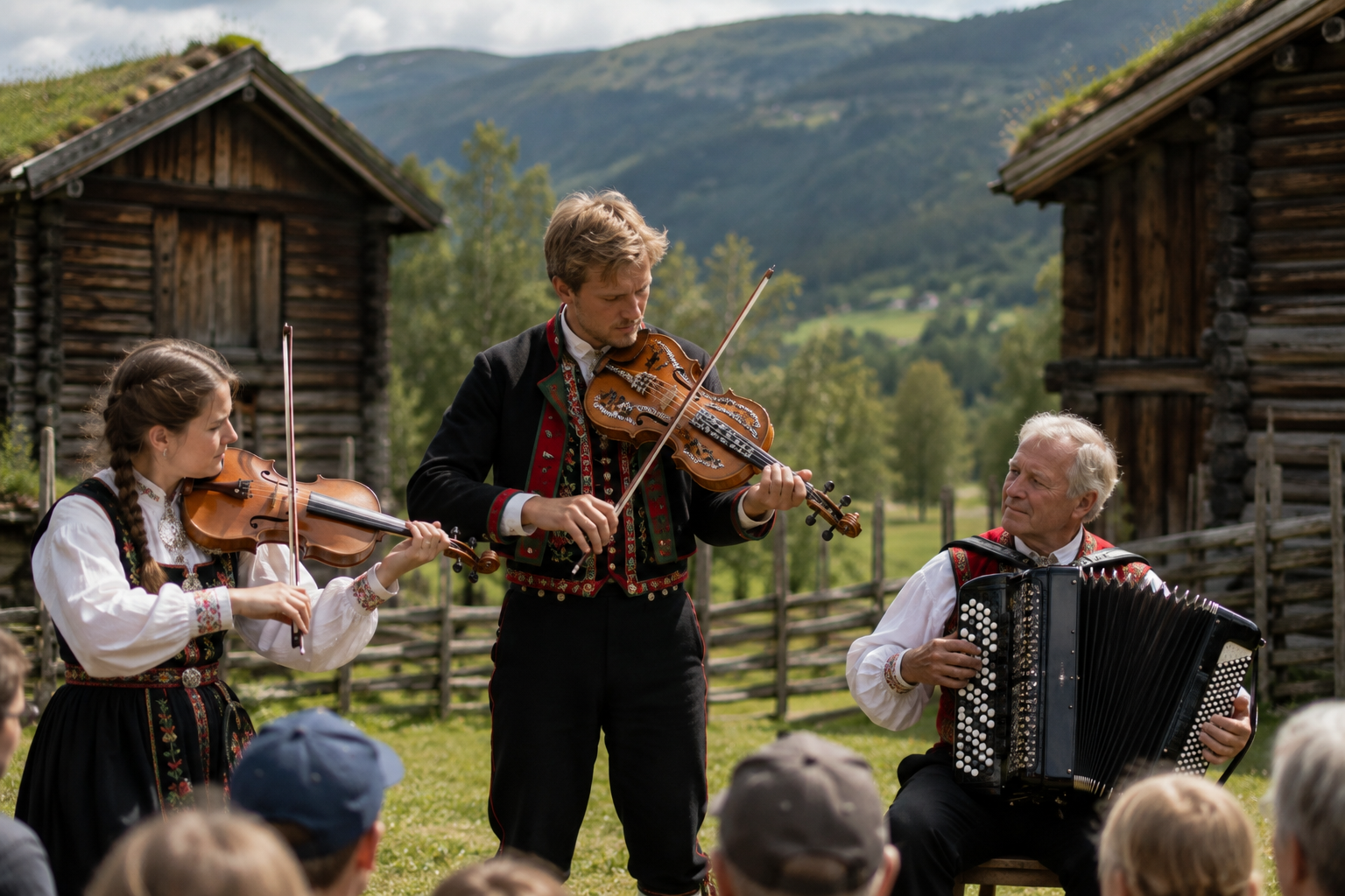 Traditional folk musicians in Valdres bunads playing fiddles and accordion outside historic wooden farm buildings.