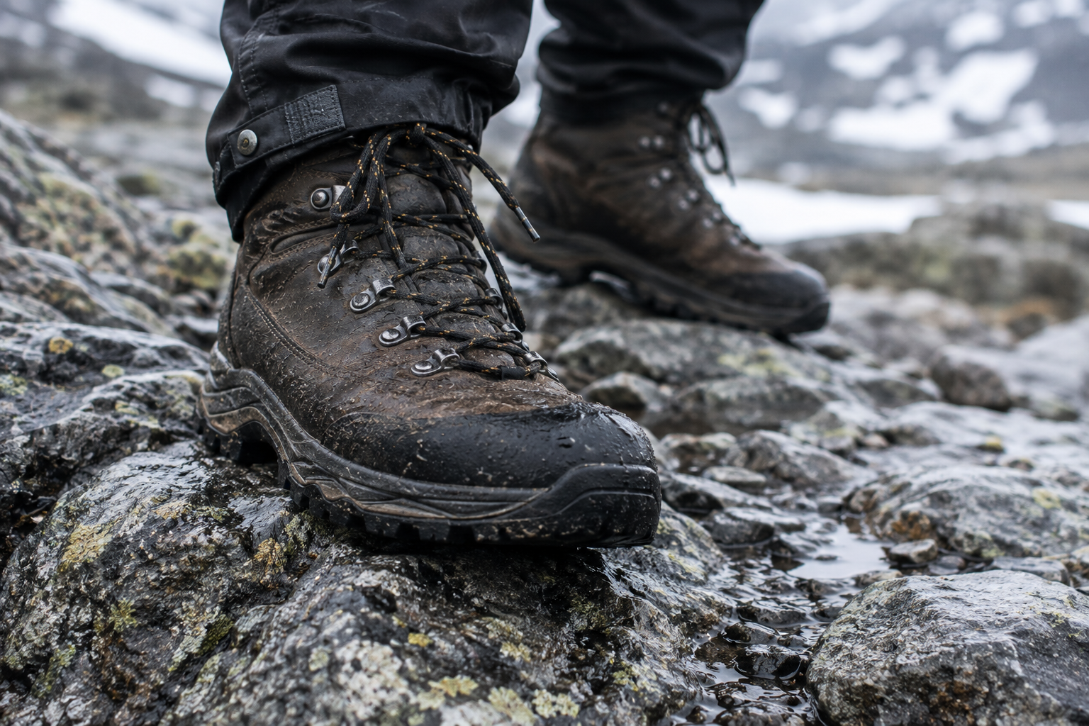 Sturdy hiking boots with deep-grip soles on wet, uneven rocky terrain, with snow in the background.