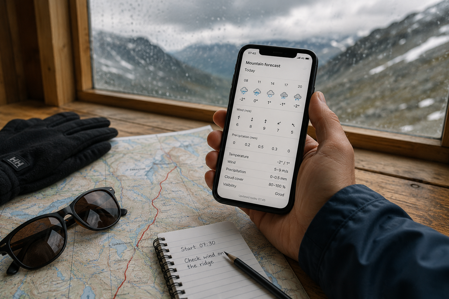 A hiker checks a mountain weather forecast on a smartphone beside a topographic map, gloves and sunglasses, with rain and low cloud visible outside.