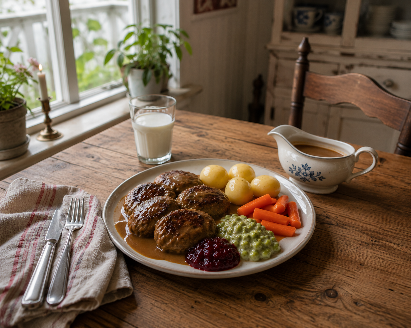 A picture of a plate of norwegian meatballs in brown sauce (kjøttboller i brun saus)