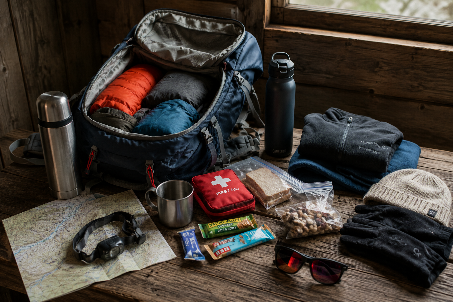 Open hiking backpack surrounded by warm layers, gloves, hat, sunglasses, map, first-aid kit, food, water bottle and thermos on a wooden table before a mountain hike.