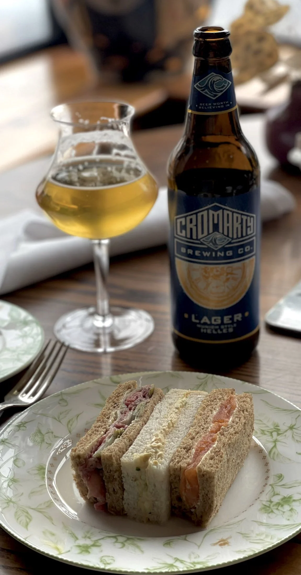 Afternoon tea sandwiches with local Scottish beer at the Torridon.