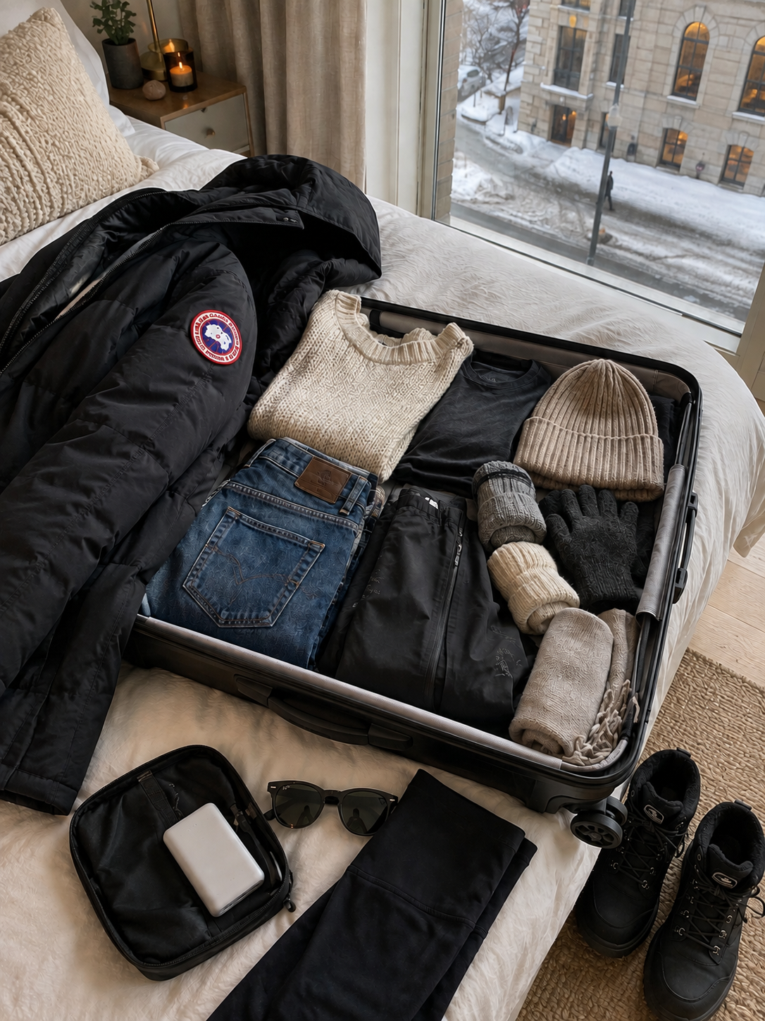 A packed suitcase on a bed with warm clothing inside for winter Norwat.