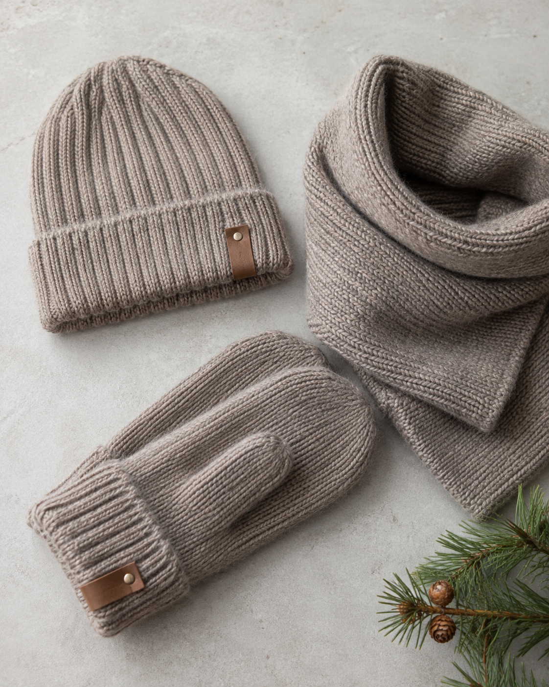 Beige set of wool mittens, hat and scarf.