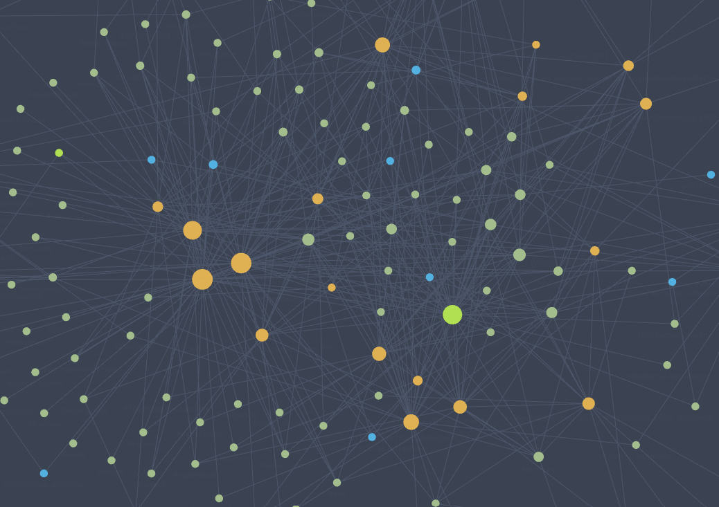 A digital network visualization with various colored nodes connected by lines, representing interconnected data points or relationships.