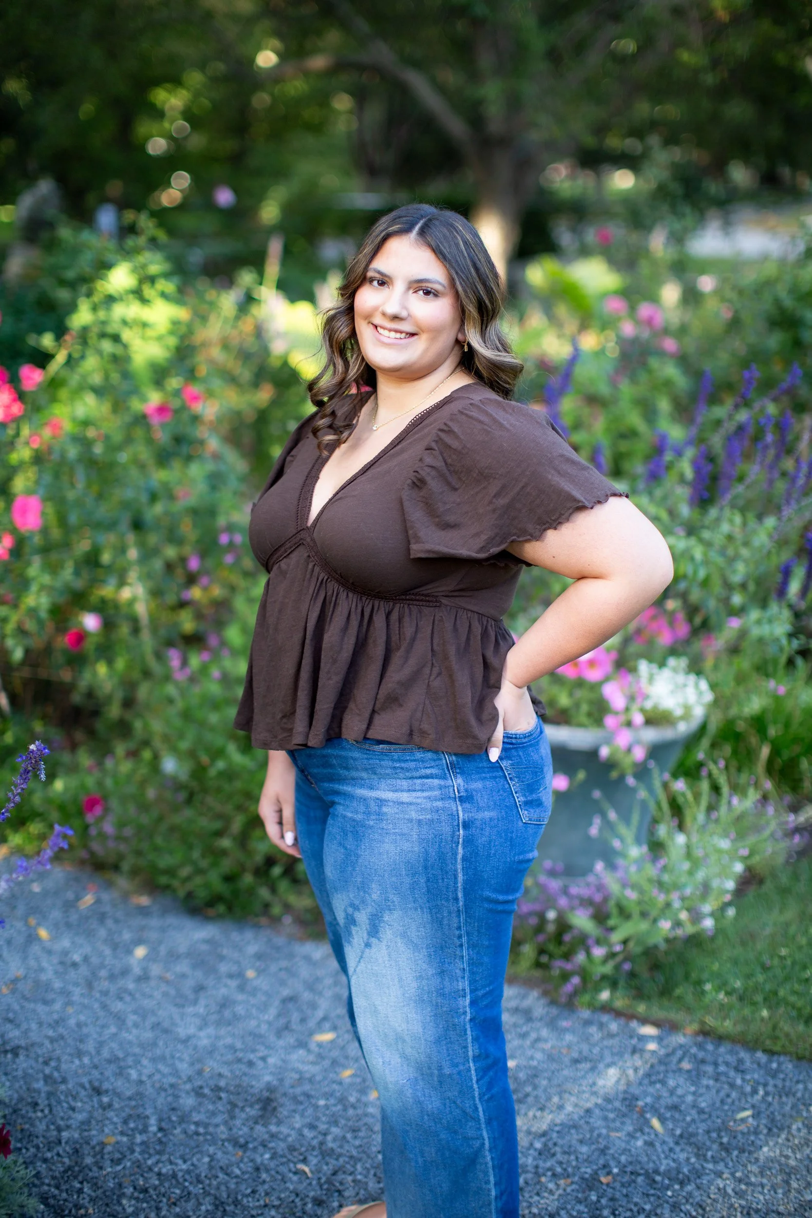 Megan posing among the gardens during her Blithewold senior photo session