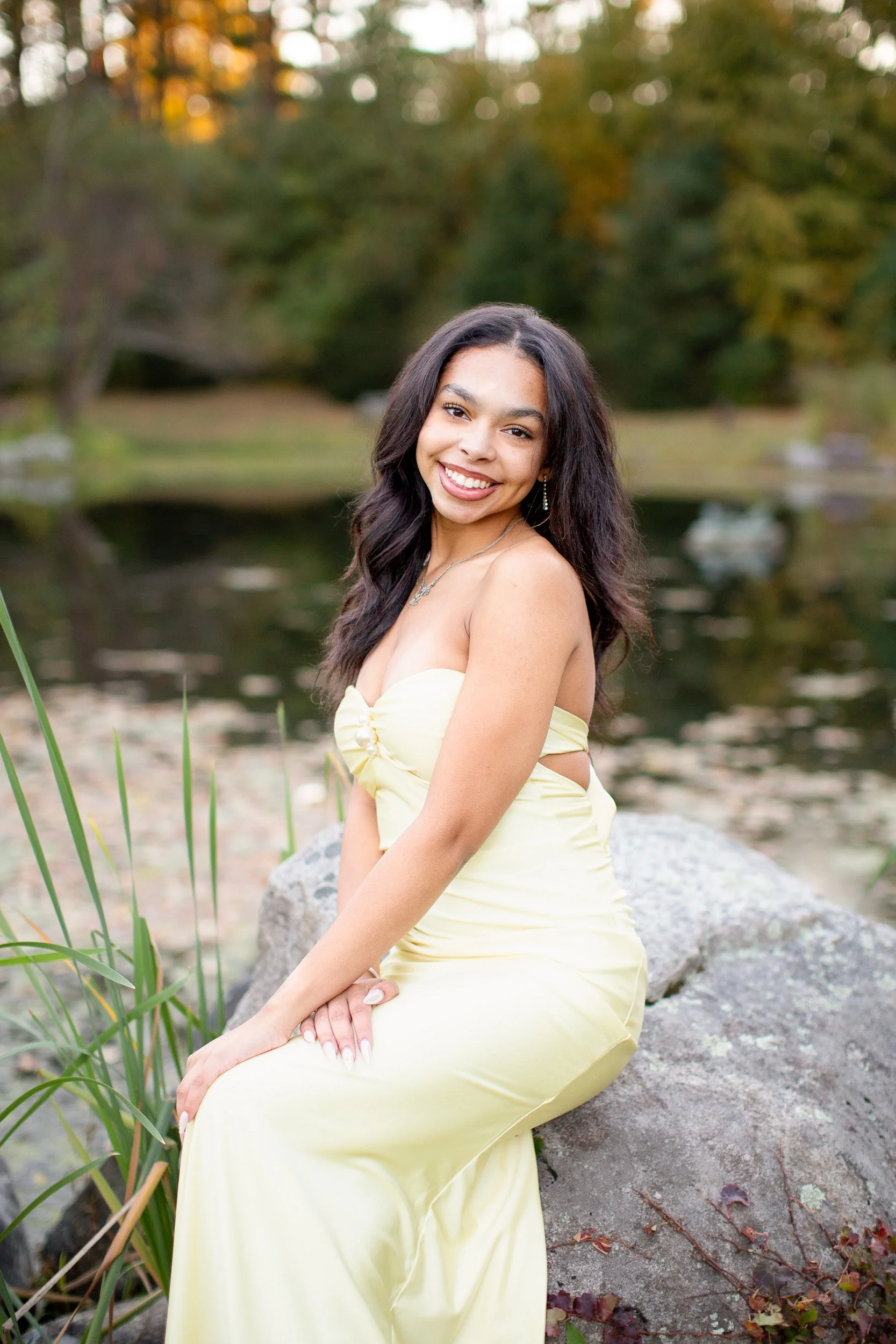 Outdoor senior portrait of Maya photographed at Bird Park in Walpole, Massachusetts.