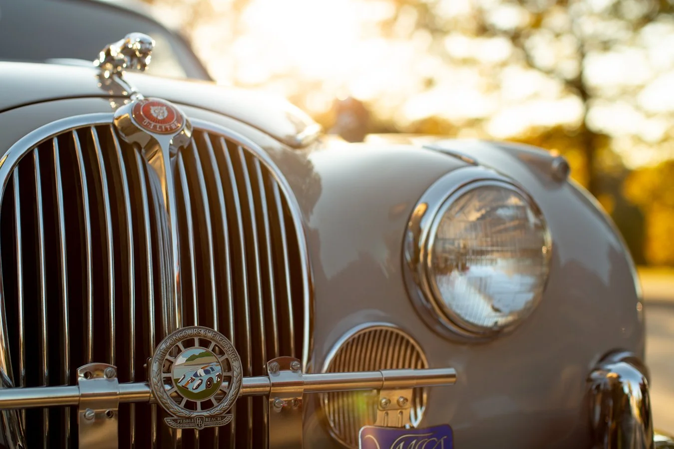 Elegant Jaguar Mark 2 saloon outside historic Brookline auto museum, photographed with elevated brand aesthetic.