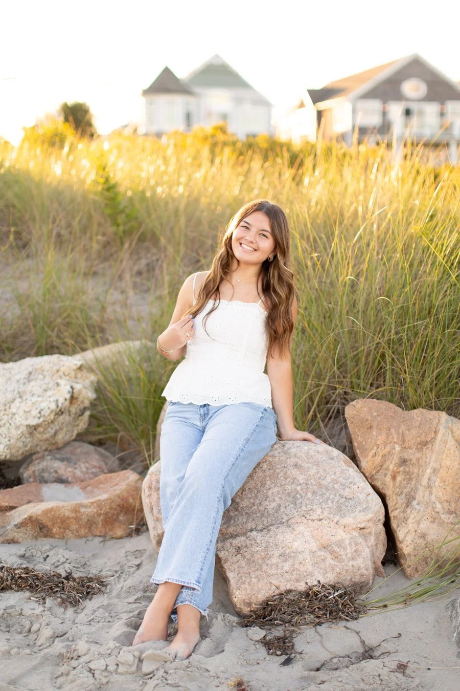 Narragansett senior photographer capturing beach portraits at Scarborough Beach