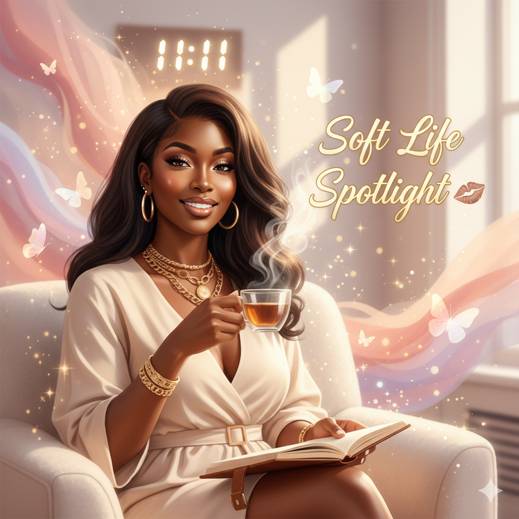 A woman with long, wavy dark hair and gold jewelry sitting on a white couch, holding a steaming cup of tea or coffee and an open book. The background features soft light, butterflies, sparkles, and the text 'Soft Life Spotlight' with a kiss mark, along with a glowing clock display showing 11:11.