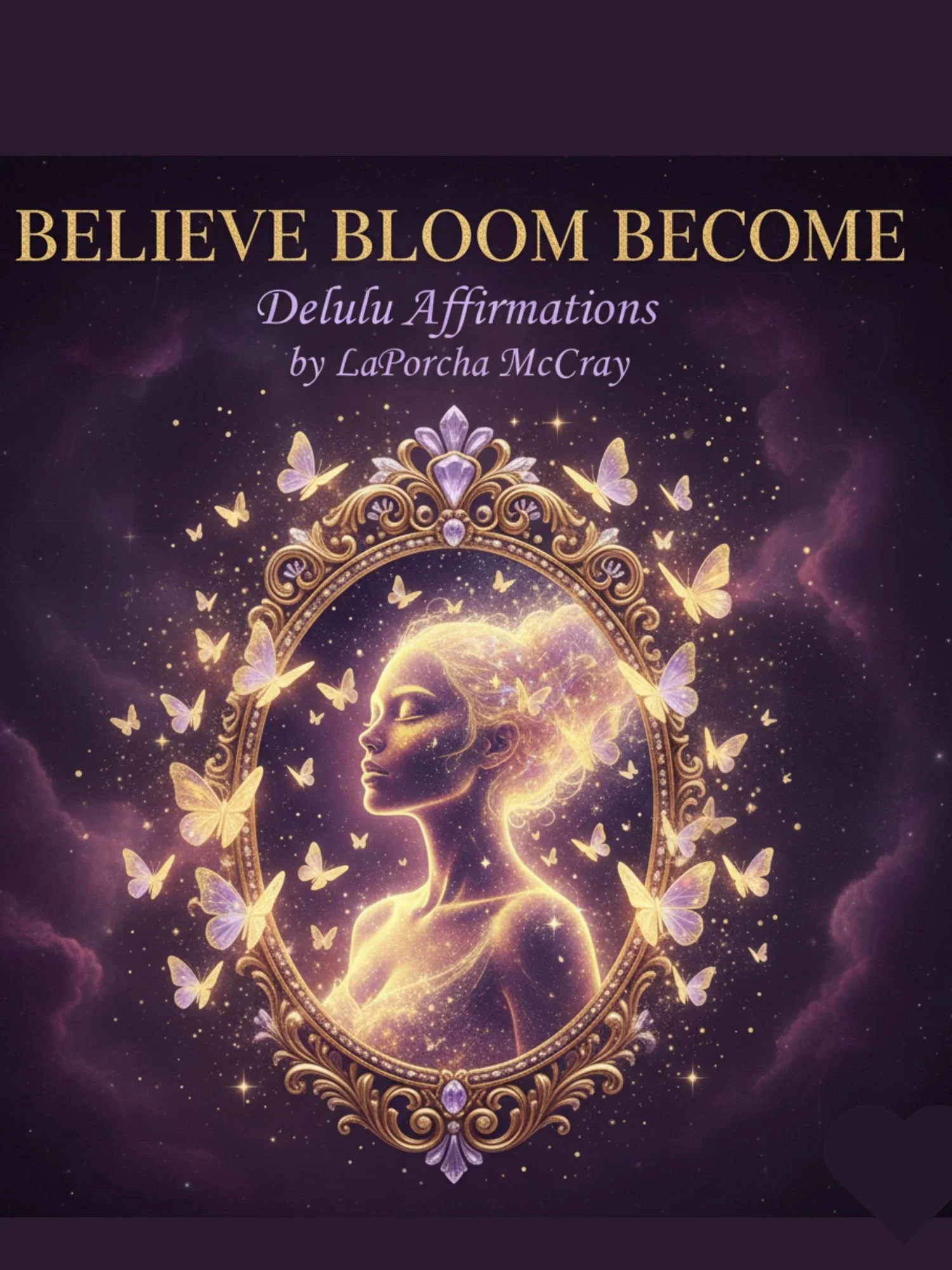 Book cover titled 'Believe Bloom Become: Delulu Affirmations' by LaPorcha McCray, featuring a glowing profile of a woman surrounded by butterflies and an ornate mirror frame against a starry purple background.