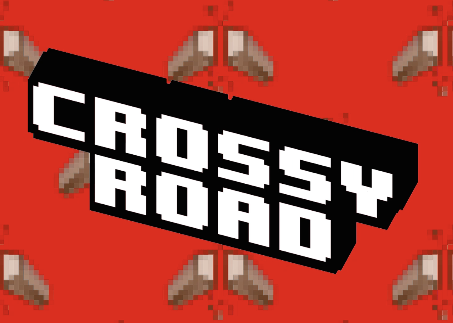 Pixelated image with the text 'CROSSY ROAD' in a bold, 8-bit style font against a red background with a pixel art chicken.