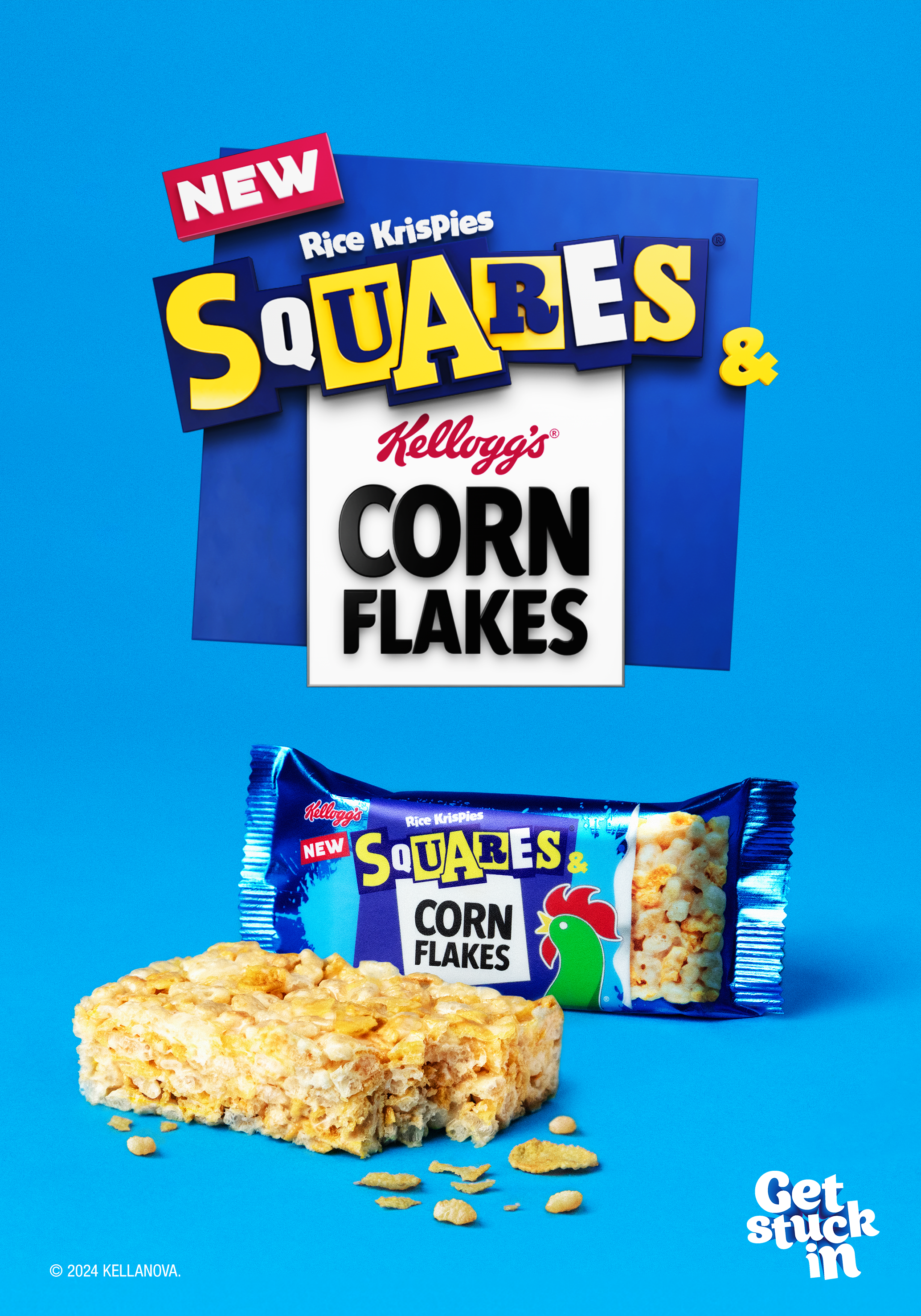 Packaging of Kellogg's Rice Krispies Squares & Corn Flakes, with a snack bar and some crumbs on a blue background, and the text "Get stuck in".