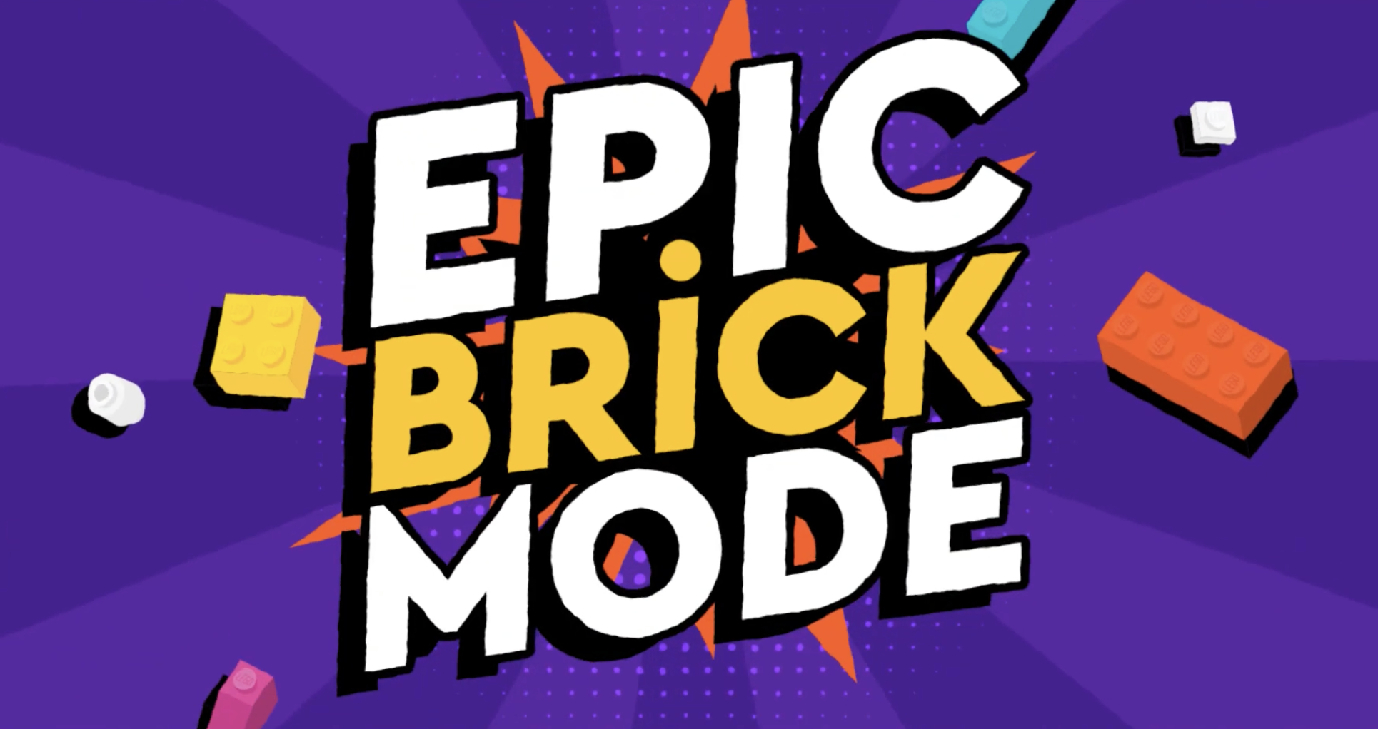 Title screen of a game called 'Epic Brick Mode' with colorful 3D building blocks floating around a purple background with an orange explosion graphic behind the text.