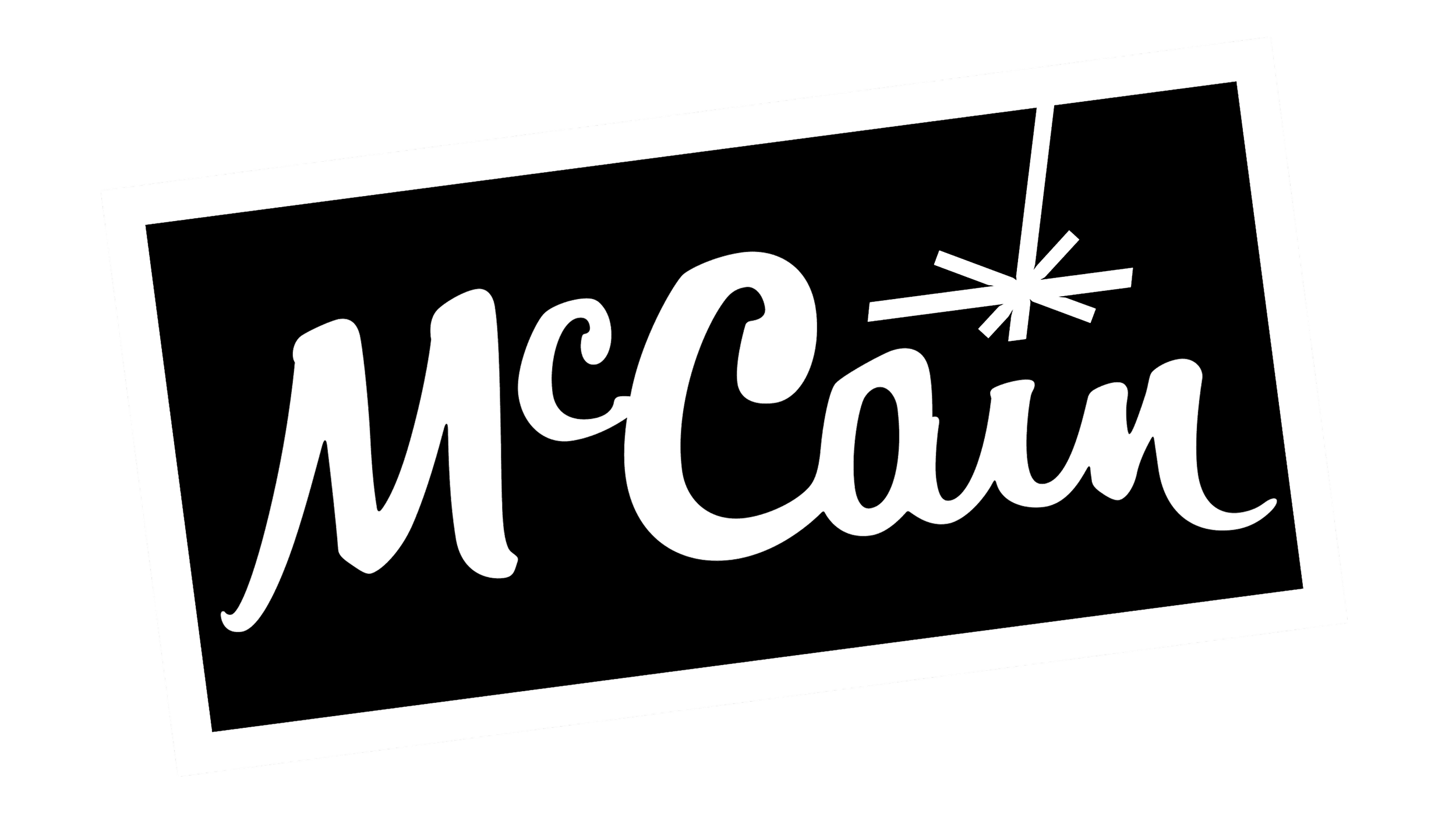 Black background with a tilted white-outlined rectangular sign, featuring the cursive word 'IceCame' with a starburst decoration.
