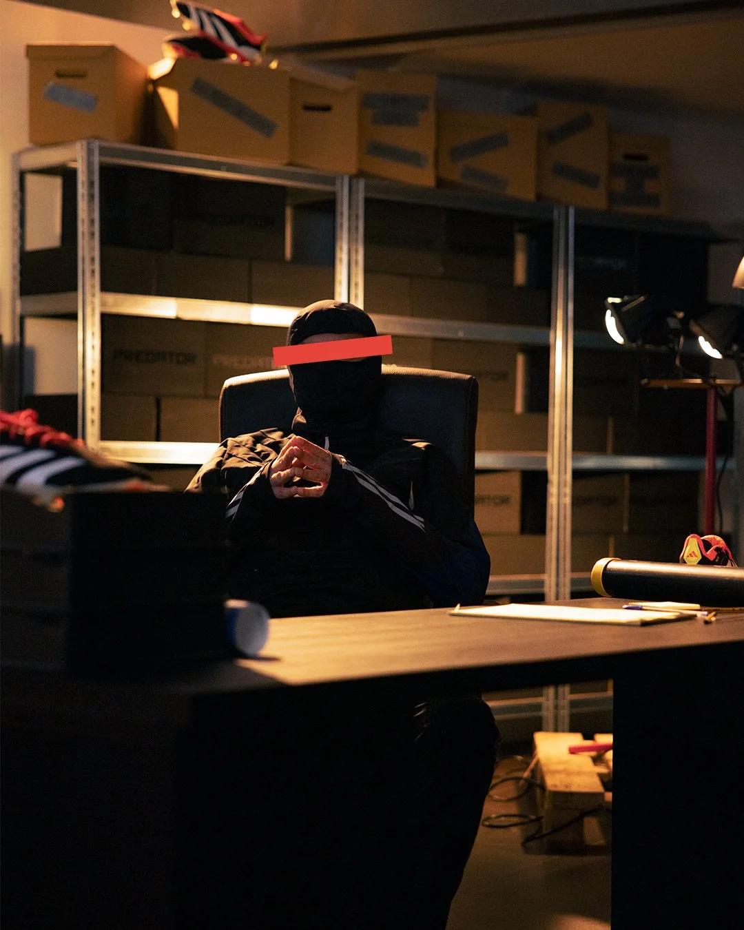 Person wearing black clothing and a face mask sitting in a dimly lit room with shelves of boxes in the background, illuminated by a few spotlights.