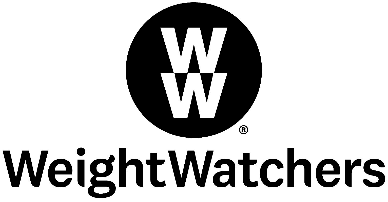 Black circle with white W's stacked vertically inside, with 'Weight Watchers' written below.