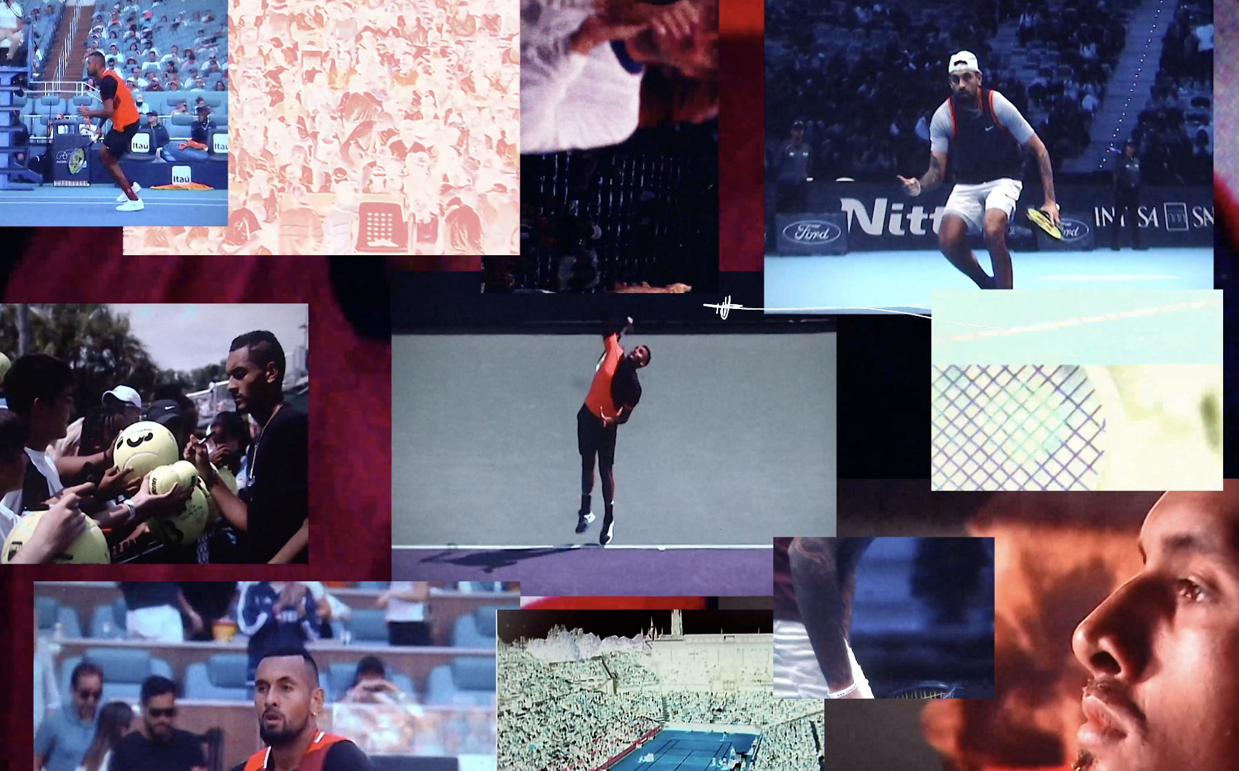 Collage of various sports scenes, including tennis players, tennis courts, a man signing autographs, and a person in front of a crowd.