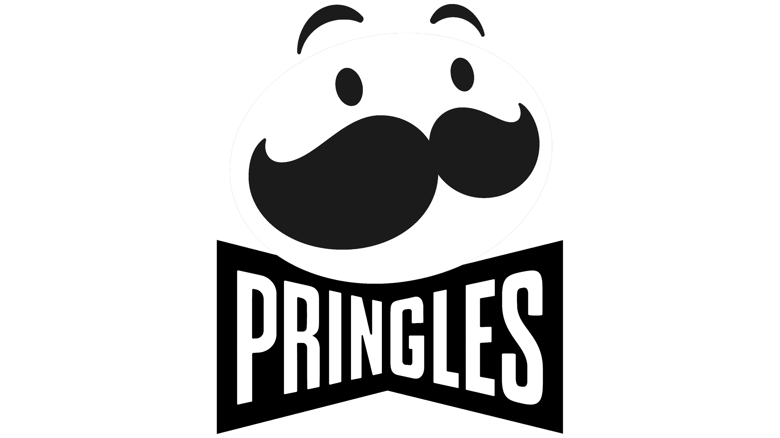 Black and white logo of a cartoon prune with a mustache and a smiling face, with the word "PRINGLES" written below.