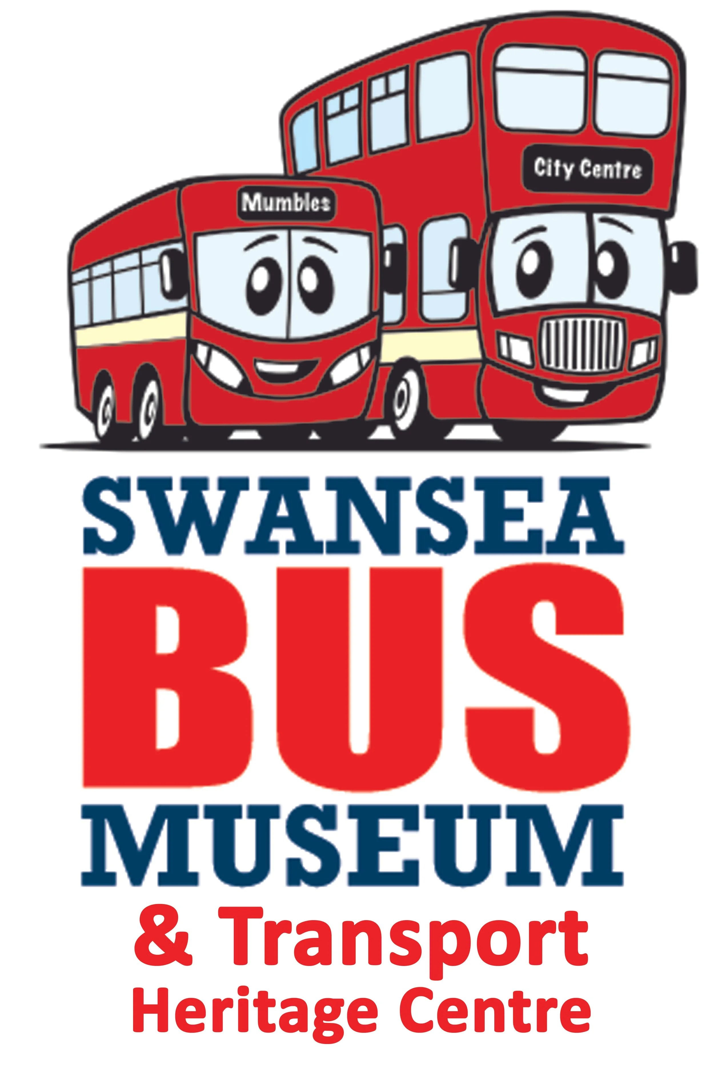 Logo for Swansea Bus Museum and Transport Heritage Centre featuring two red cartoon buses with smiling faces, one labeled 'Mumbles' and the other 'City Centre', and the text "SWANSEA BUS MUSEUM & Transport Heritage Centre" in blue and red letters.