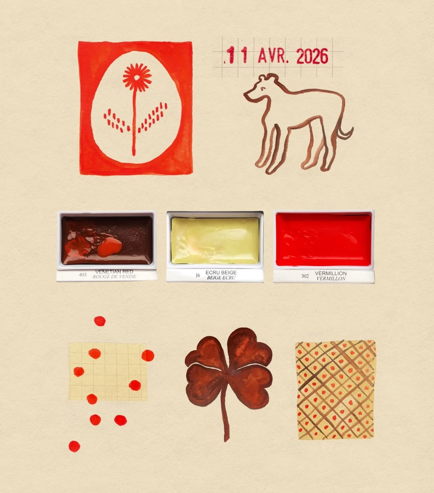 Je teste de nouvelles associations de couleurs avec mes aquerelles japonaise en ce moment. Les couleurs du jour : rouge de venise, beige &eacute;cru, vermillon 🌰🪐🍅