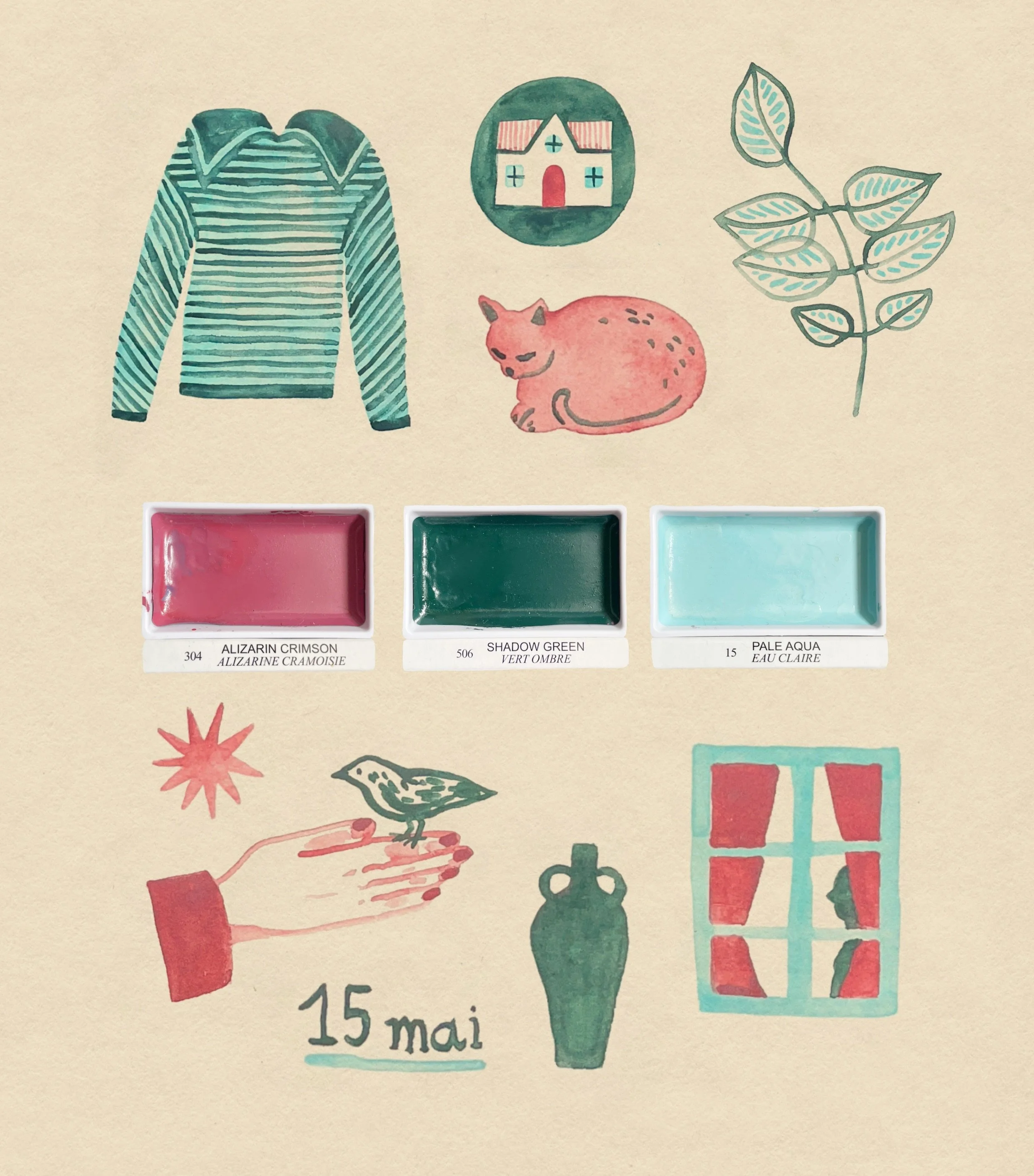 La palette de vendredi, assortie &agrave; mon bougeoir fait par @salondepsyche : alizarine cramoisie, vert ombre, eau claire 🍇🌲🌊