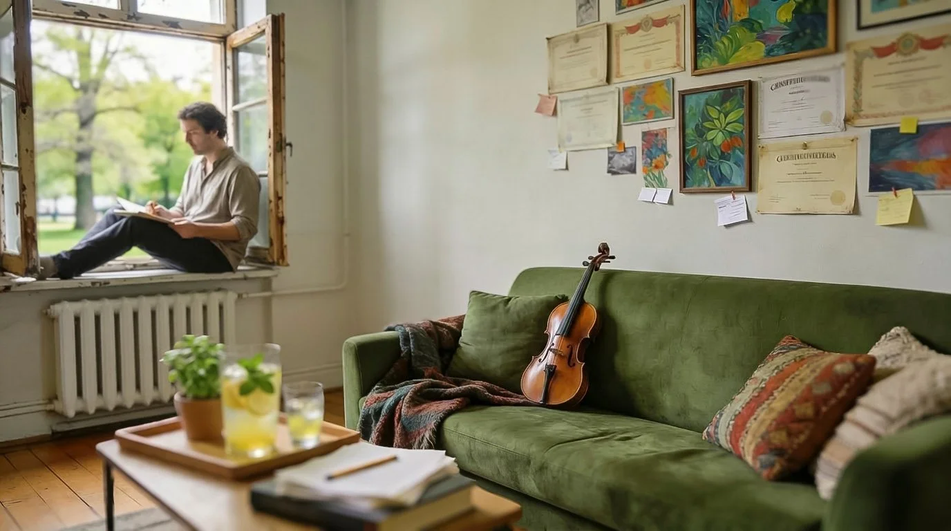 Baroque violin resting on a sofa in a quiet European apartment — adult violin lessons without grades or pressure