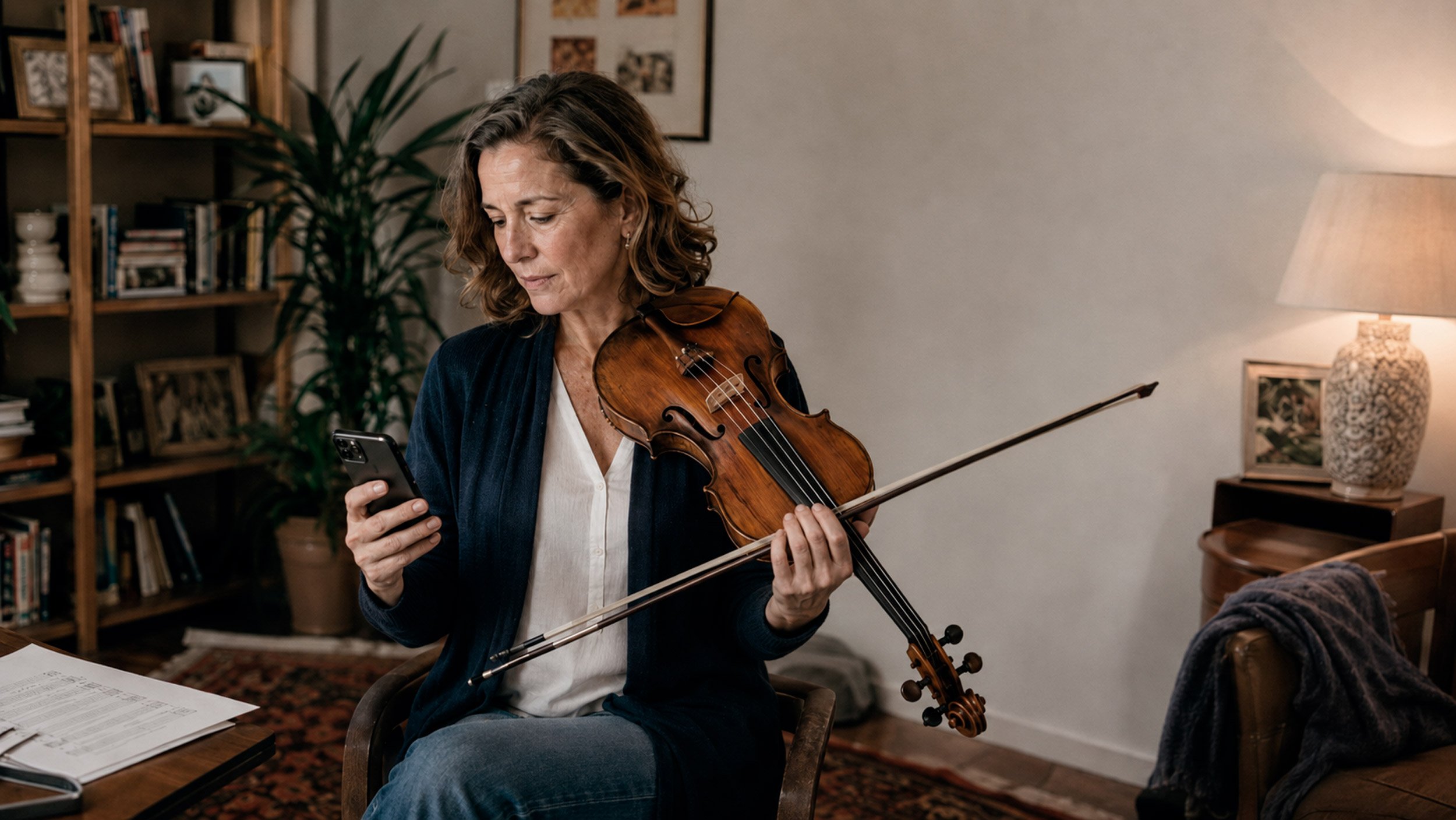 An adult violinist pauses mid-practice at home to look something up on her phone, violin still resting on her shoulder.