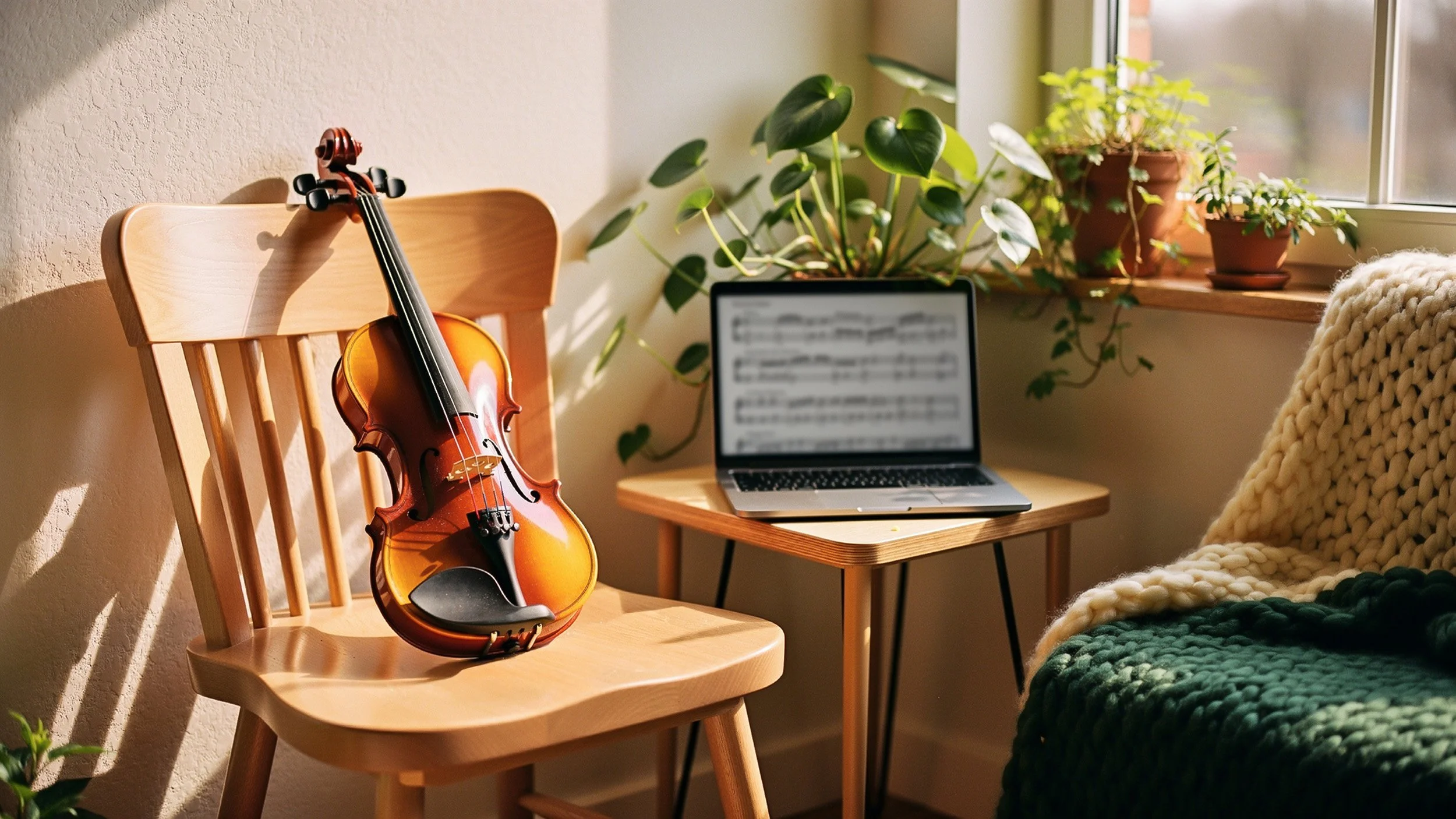 Calm violin practice corner with instrument, laptop, and plants for mindful home study.