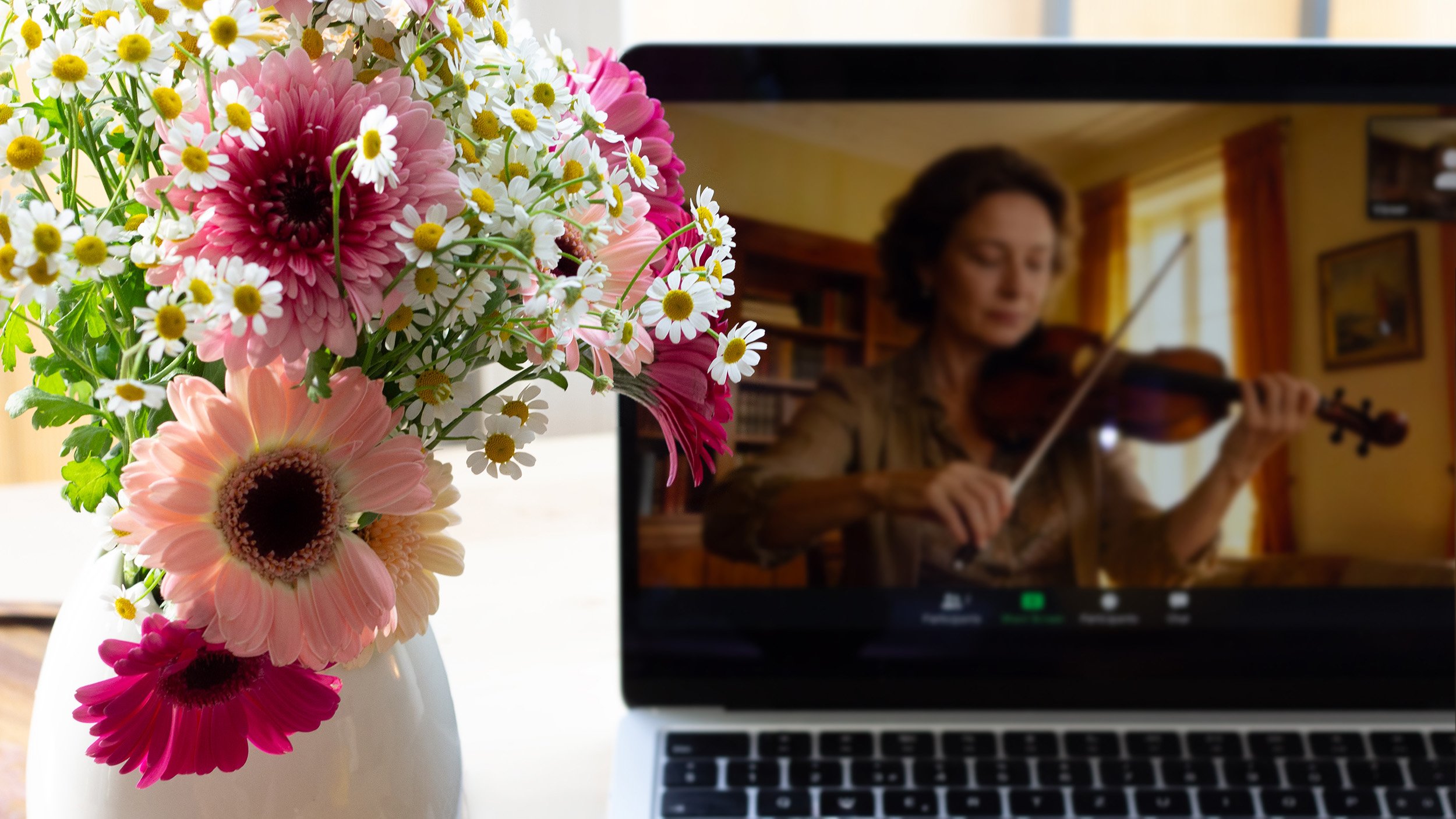 Adult violin student in an online lesson with Léna Ruisz — a calm, focused session via Zoom