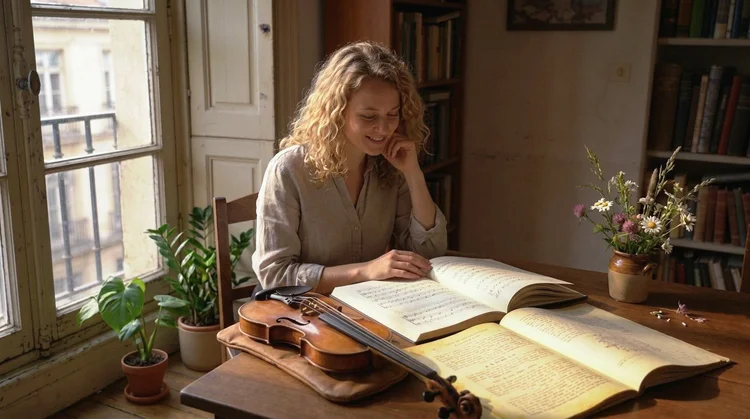Violinist studying a Baroque manuscript on a modern setup – starting a historically informed journey