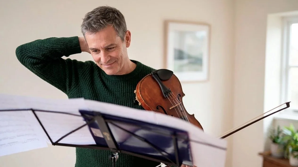 Adult violinist standing at a music stand, hand behind his head, studying a score and deciding whether the piece suits his level