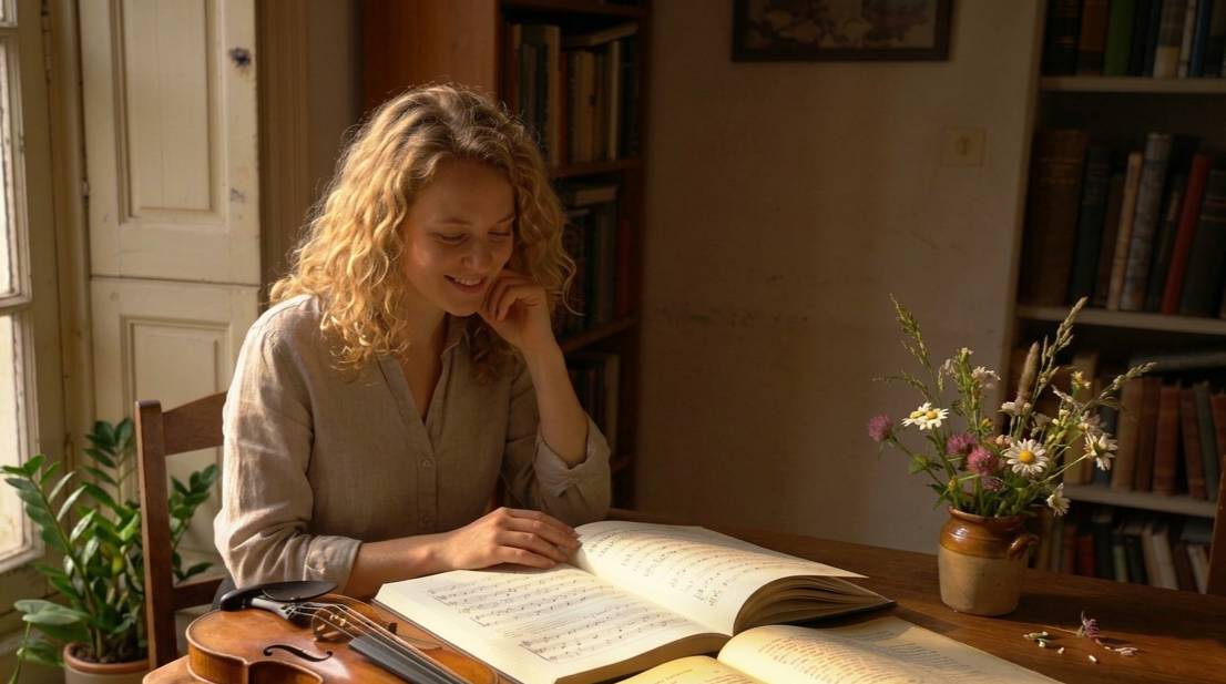 Mindful violin practice scene of a curly haired baroque violinist reading a baroque score in a cozy European home studio with her violin, plants and flowers, illustrating historically informed violin practice.