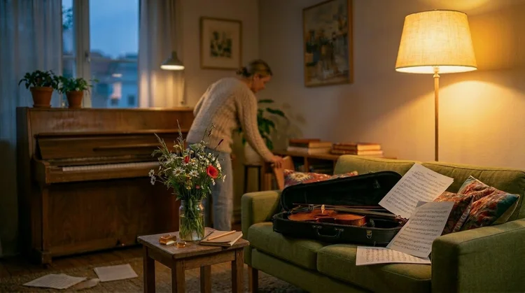 Violin resting in a warm living room during evening practice – rediscovering the violin in adulthood
