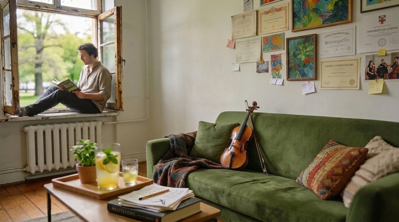 A violin resting on a sofa in a quiet European apartment – adult violin lessons without grades or pressure