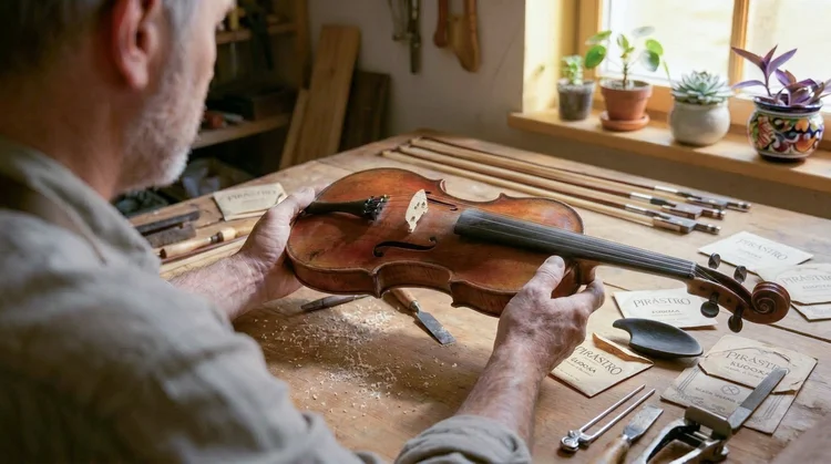 Historically informed violin setup on a luthier's workbench – gut strings, bridge, and fittings