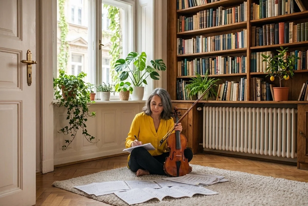 An adult violinist deciding what to work on before a short practice session
