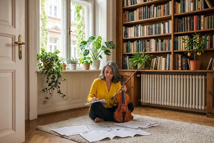Adult violinist sitting on the floor with her violin and sheet music spread around her, marking a score while deciding what to practise