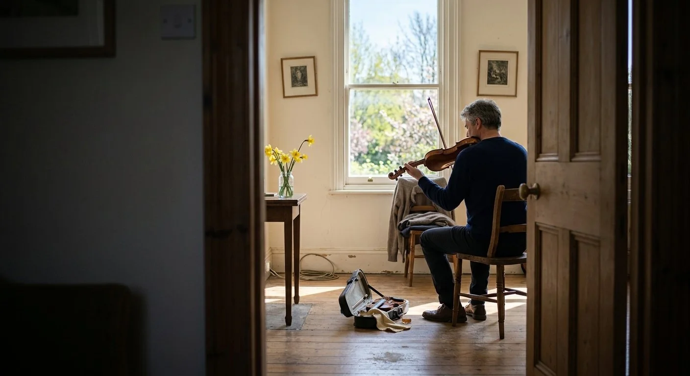Adult violinist practising alone by a sunlit window at home, seen from the doorway – learning to diagnose your own violin playing