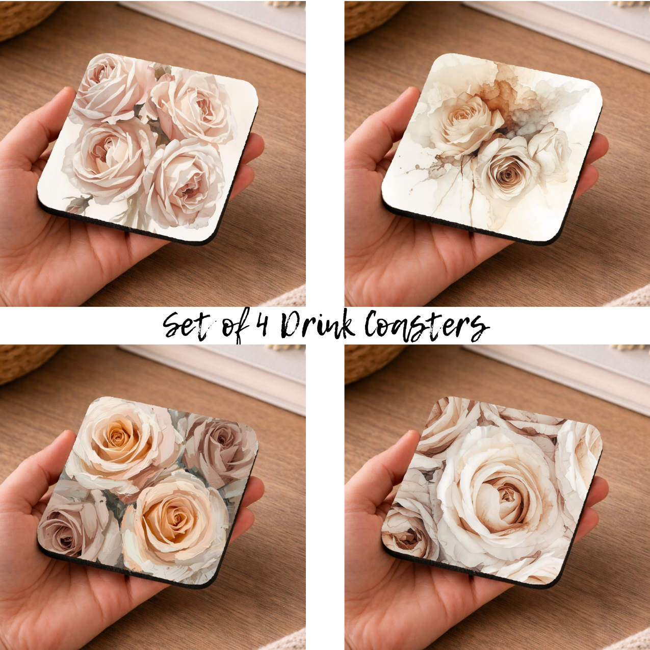 Blush Pink Rose Coasters – Set of 4 | Floral Aesthetic Drink Coasters (Set of 4)