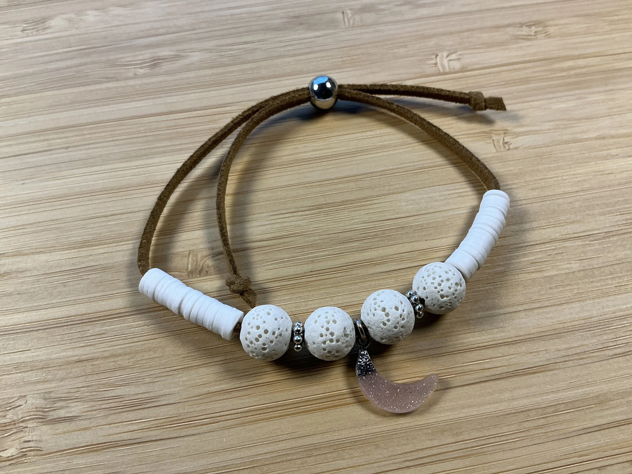 Adjustable Suede & Cream Lava Rock w/ Druzy Moon Bracelet