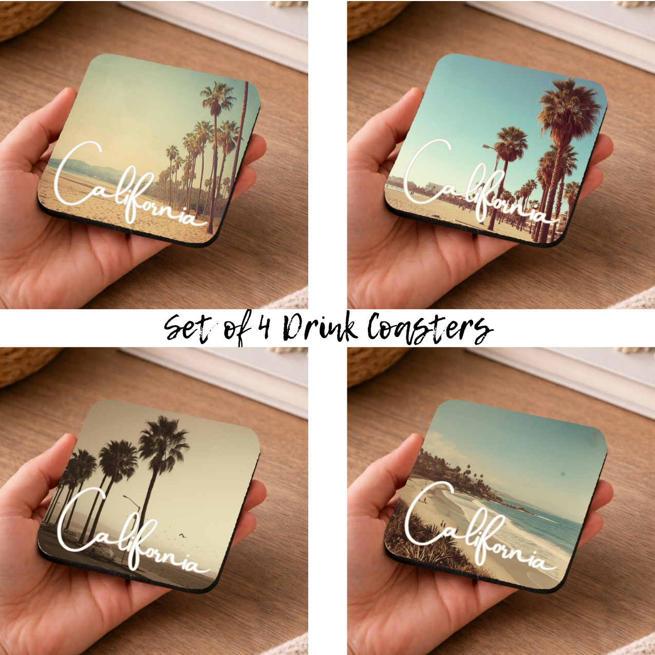 Vintage California Coasters – Set of 4 | Retro Beach Drink Coasters (Set of 4)