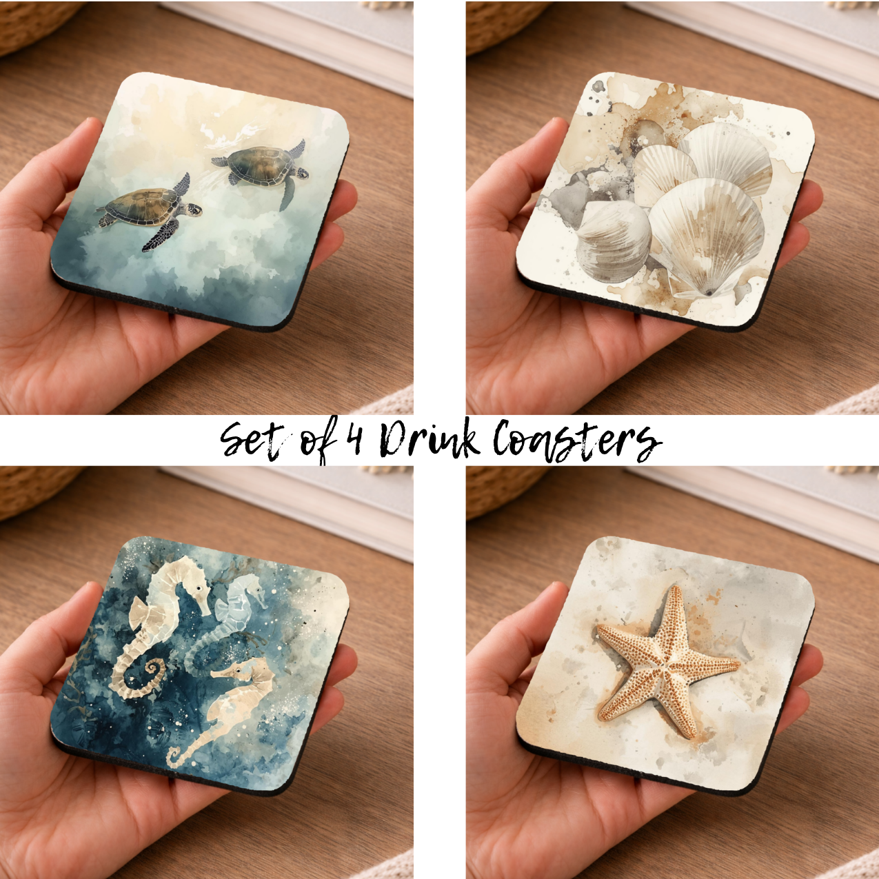 Under the Sea Creatures Coasters – Set of 4 | Coastal Ocean Animal Drink Coasters (Set of 4)
