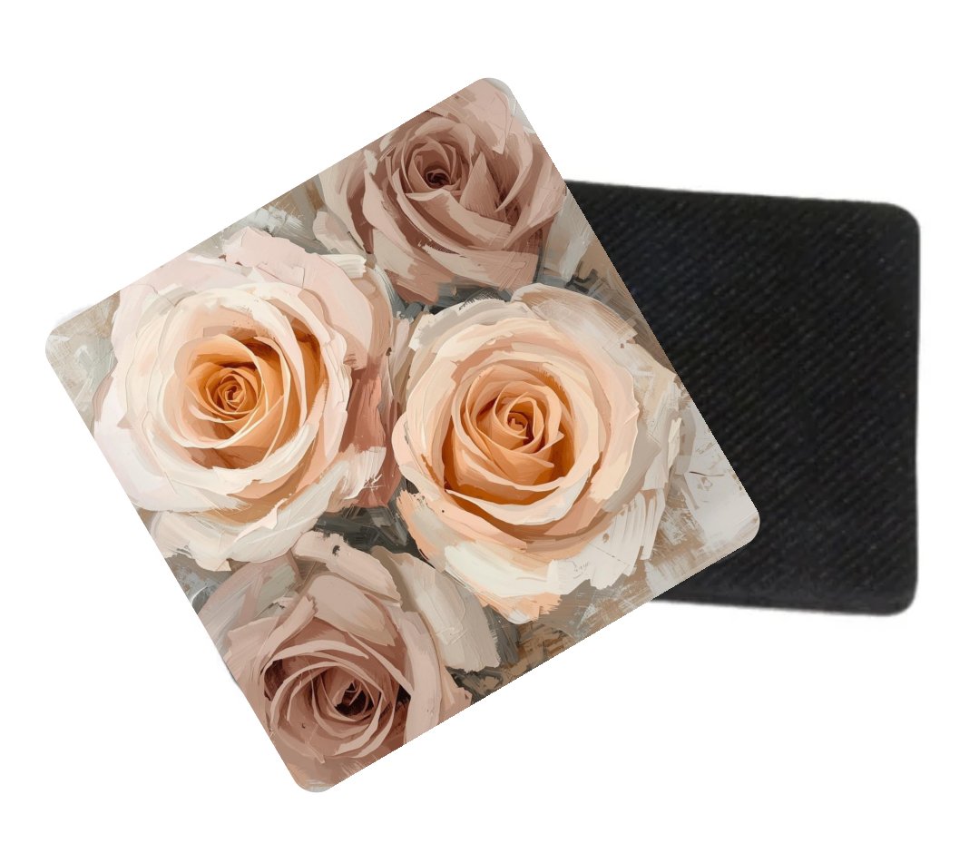 Close-up of pink rose floral coaster with neutral aesthetic design