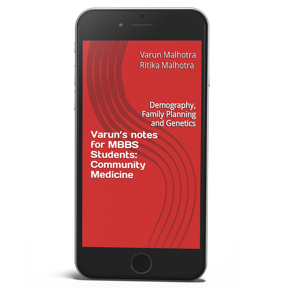 A smartphone displaying a red book cover titled "Varun's notes for MBBS Students: Community Medicine" by Varun Malhotra and Ritika Malhotra, with additional text mentioning Demography, Family Planning, and Genetics.
