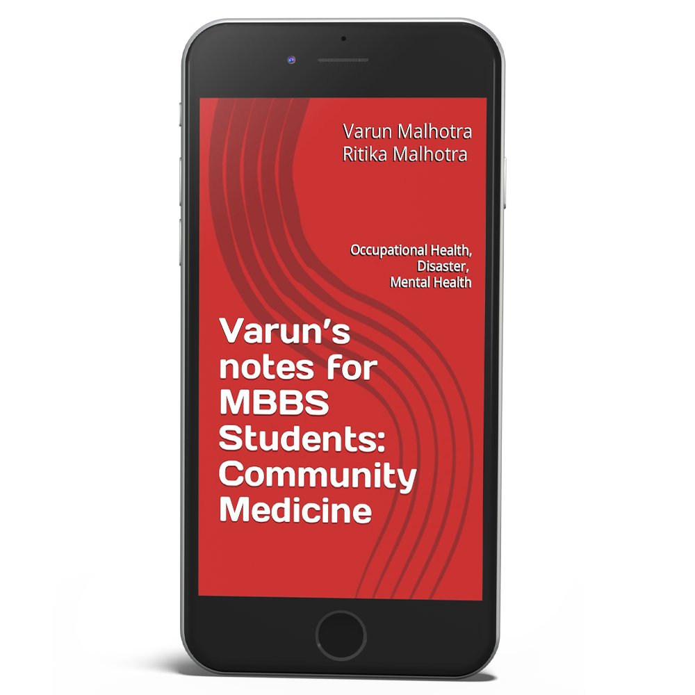 A smartphone displaying a red book cover titled "Varun's notes for MBBS Students: Community Medicine" by Varun Malhotra and Ritika Malhotra, with subtitles "Occupational Health, Disaster, Mental Health."