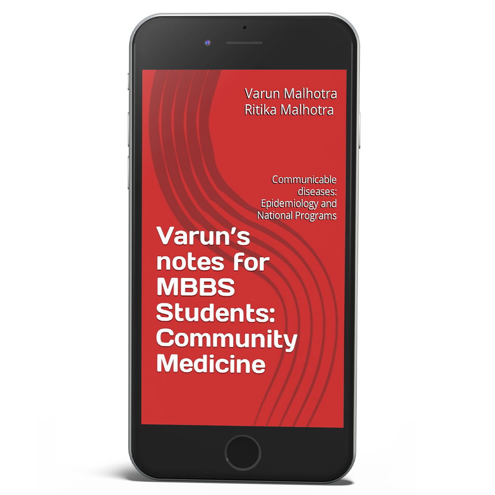 Book cover titled "Varun's notes for MBBS Students: Community Medicine" by Varun Malhotra and Ritika Malhotra, with a red background and curved line design, displayed on a smartphone screen.