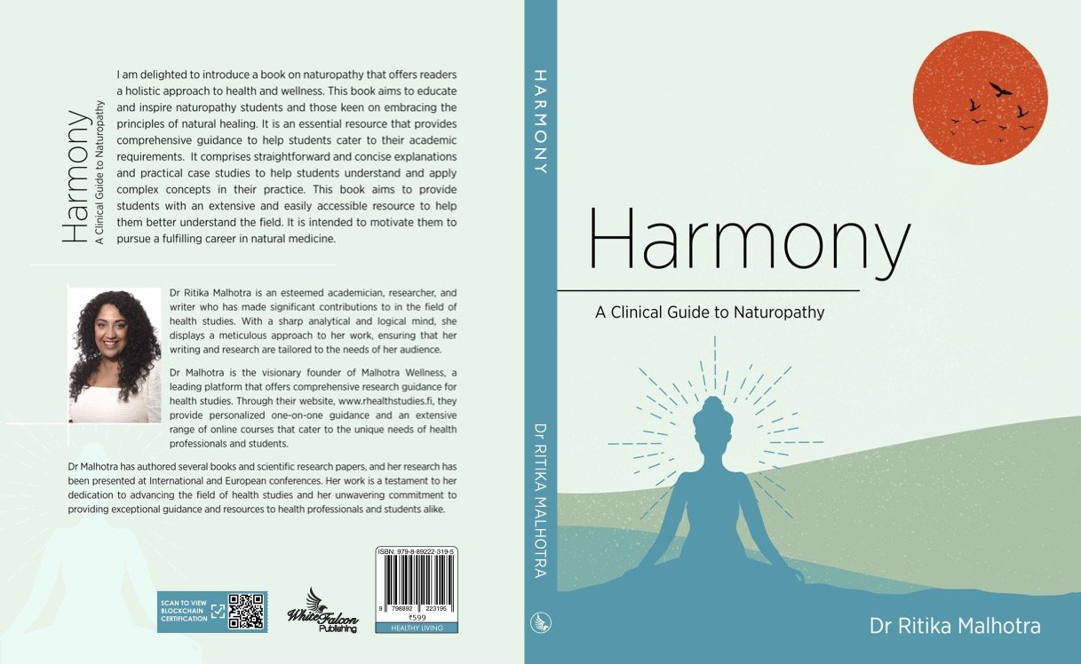 Cover of the book titled "Harmony: A Clinical Guide to Naturopathy" by Dr. Ritika Malhotra. The cover features a silhouette of a person meditating with rays emanating from their head, set against a stylized landscape and a large orange sun with birds flying in front of it.