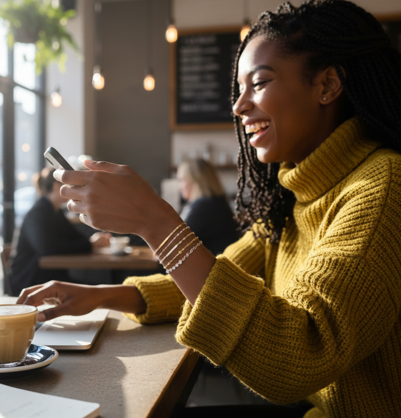A happy Black woman with braids, wearing a yellow sweater, smiles while looking at her phone at a sunlit coffee shop table. She has several delicate silver permanent jewellery bracelets stacked on her wrist, a laptop open, and a latte on the table.